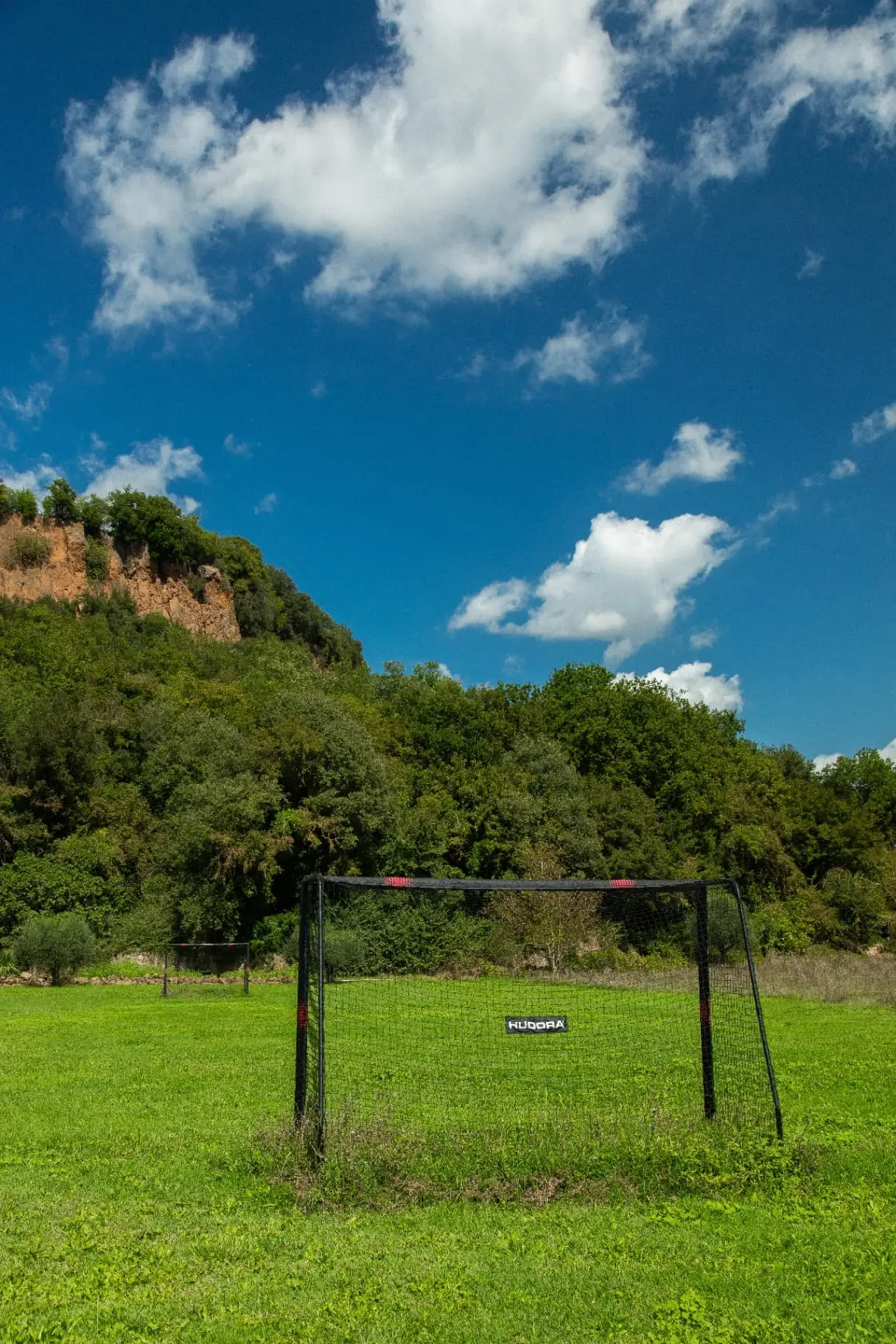 Soccer field with mountain backdrop