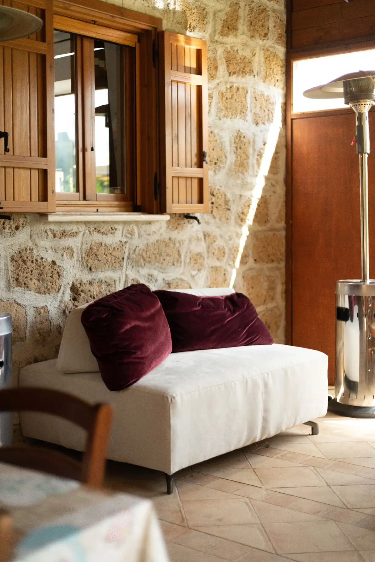 Cozy interior lounge with stone walls