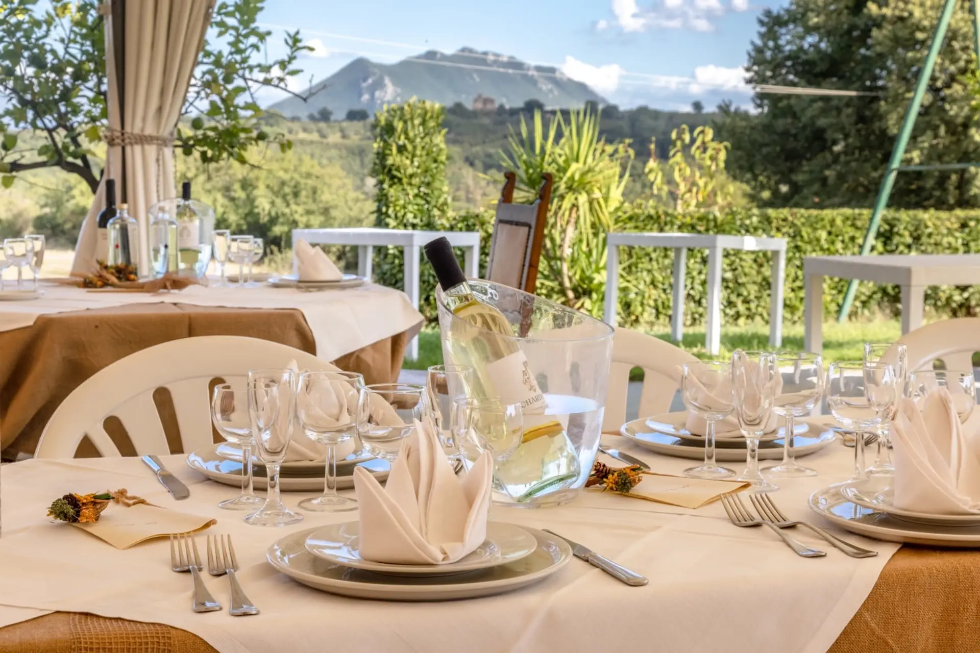 Wedding table setting with champagne and countryside backdrop